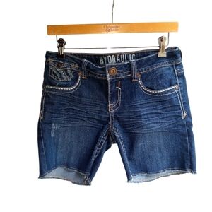 Hydraulic Blue Jean Shorts Mid-Thigh Length Size 9/10 Raw Hem Embroidered Pocket